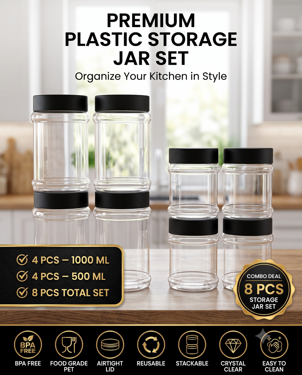 Premium Plastic Strorage Jar Set ( 4 Pcs 500ml / 4 Pcs 1000 ml )