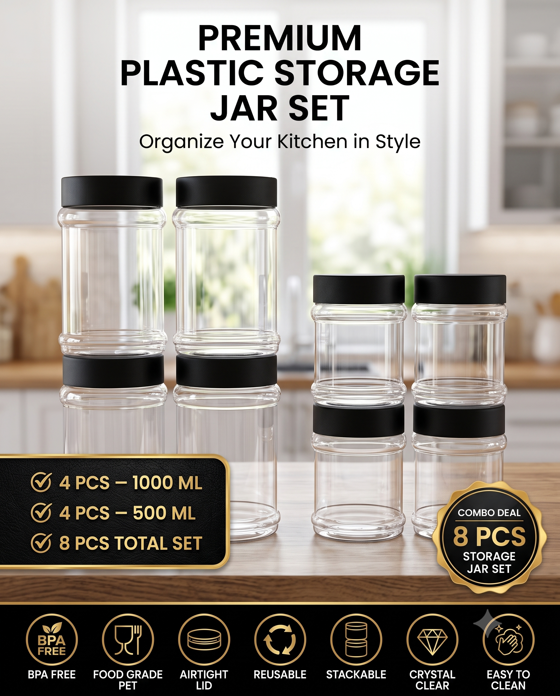 Premium Plastic Strorage Jar Set ( 4 Pcs 500ml / 4 Pcs 1000 ml )